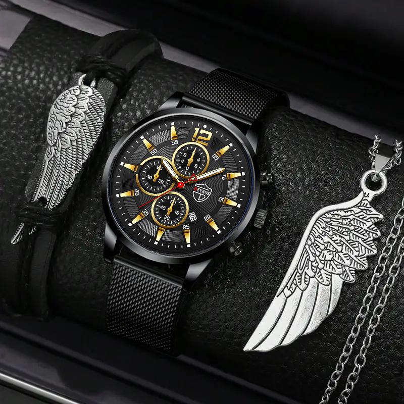 

3pcs/set 1pc Fashion Men s Calendar Business Stainless Steel Mesh Belt Quartz Wrist Watch & 1pc Bracelet & 1pc Necklace