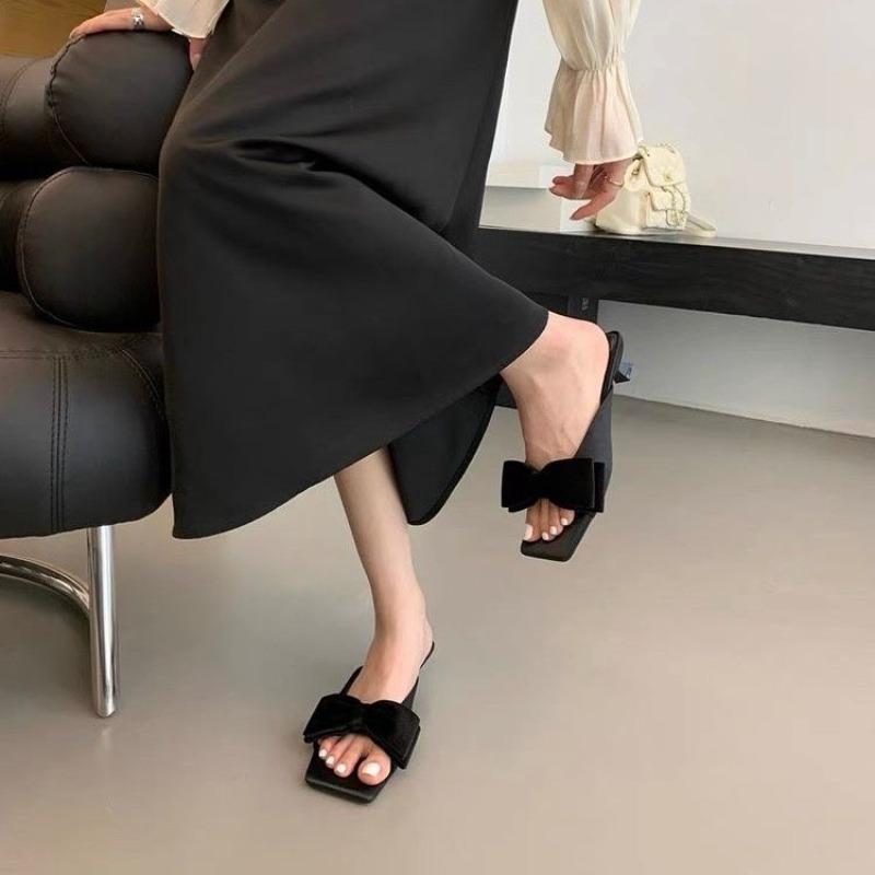 Fashion Slides with Heel Women's Slippers and Ladies Sandals Open Toe Bow Shoes Silver Slip-resistant Non Unique New Style Small Size 39