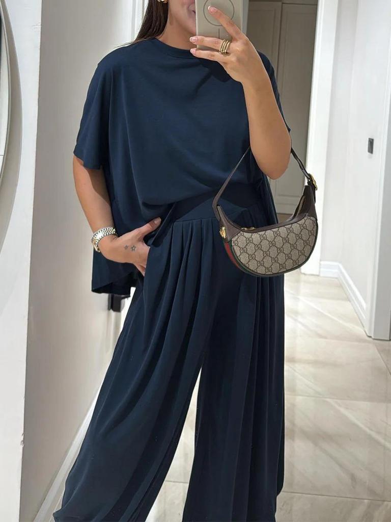 European & American Crew Neck Short Sleeve Top with Loose Comfortable Wide-Leg Pants Set