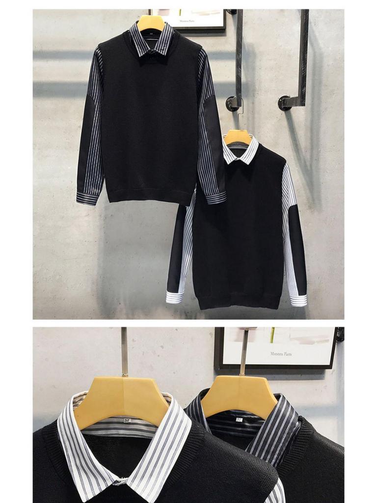 Men's Fake Two-Piece Sweater with Shirt Collar: 2025 Spring/Autumn Patchwork Knitwear Trendy Jacket