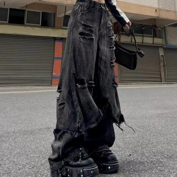 Übergroße Patchwork Schwarze Jeans Damen High Street Hiphop Denim Hose Y2K Harajuku Y2K Gothic Locker Weite Beine Hose