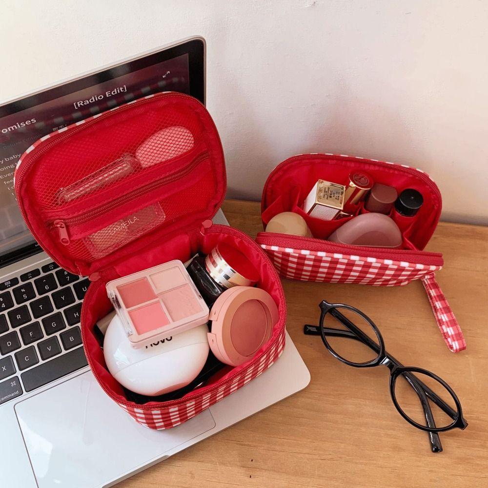 New Red Grid Makeup Bag Multi-size Portable Cosmetic Pouch Handbag Travel