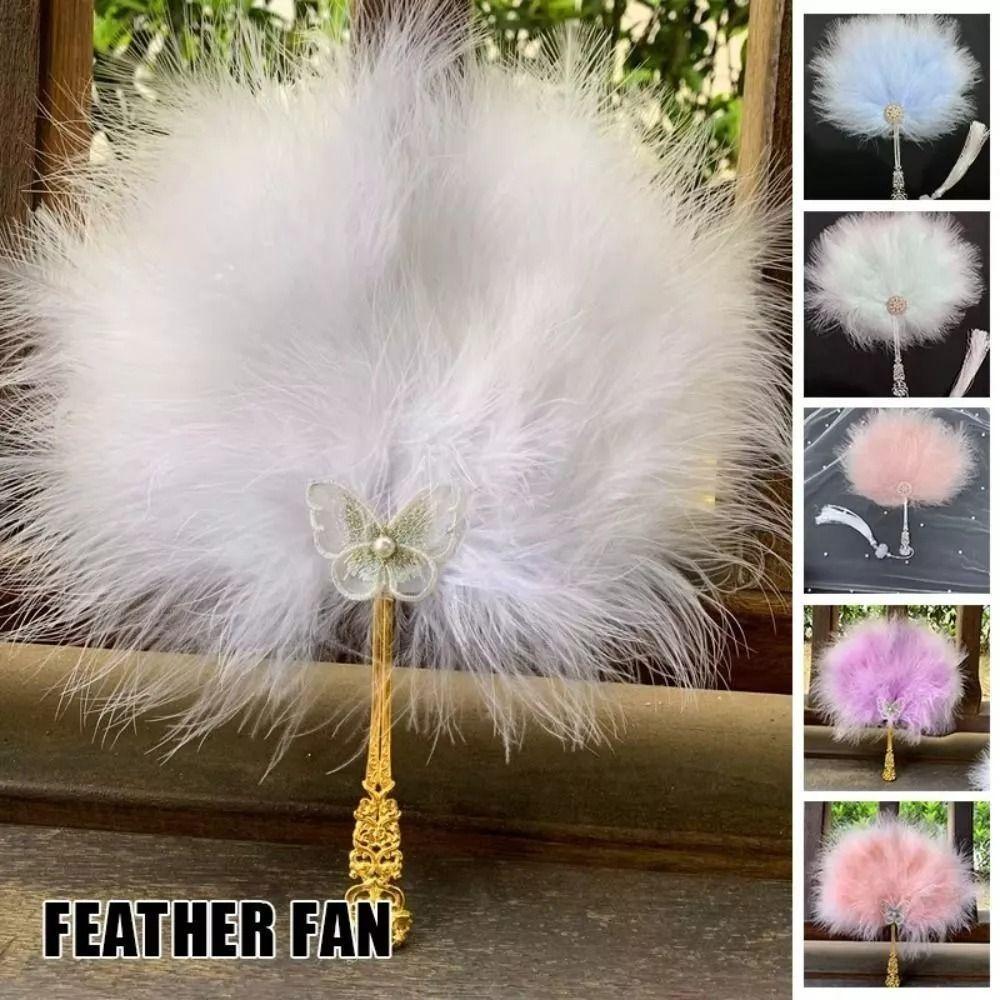 Vintage with Tassels Fairy Feather Fan Colorful Fluffy Craft Fan Foldable Photo Prop Dance Hand Fan