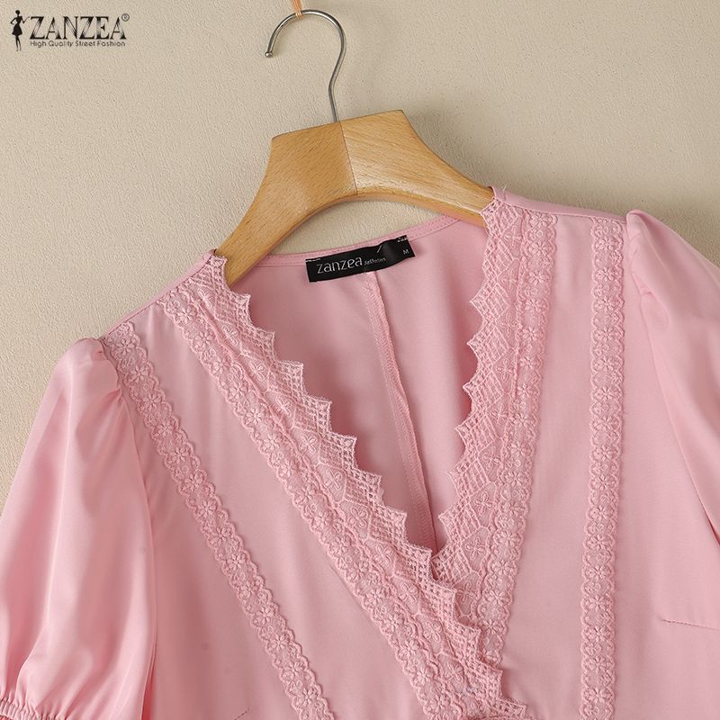 ZANZEA Women Elegant Lace Splice V-Neck Casual Short Sleeve Blouse