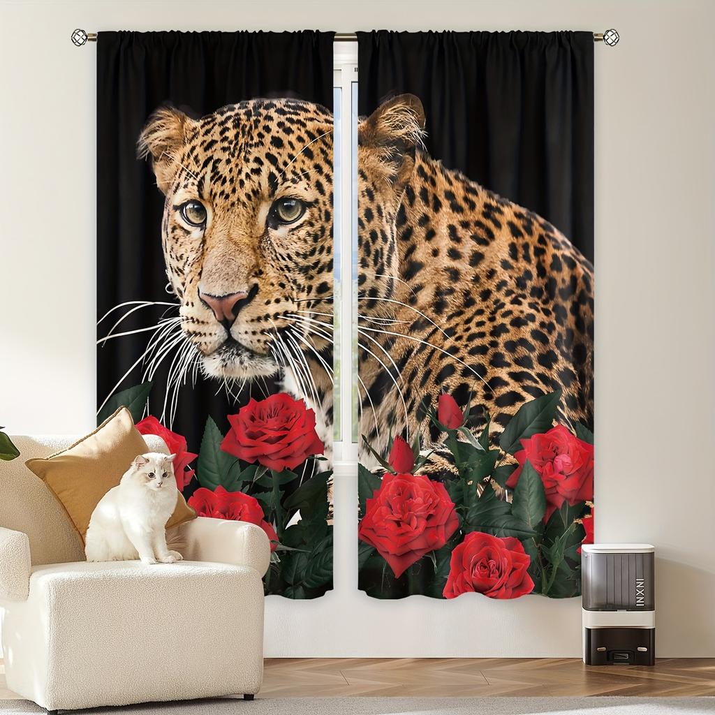 2 Stück Leopard und Rose Vorhang Vintage Wildtiere und Rot Floral Gedruckter Stangentaschenvorhang für Schlafzimmer und Wohnzimmer Heimdekor