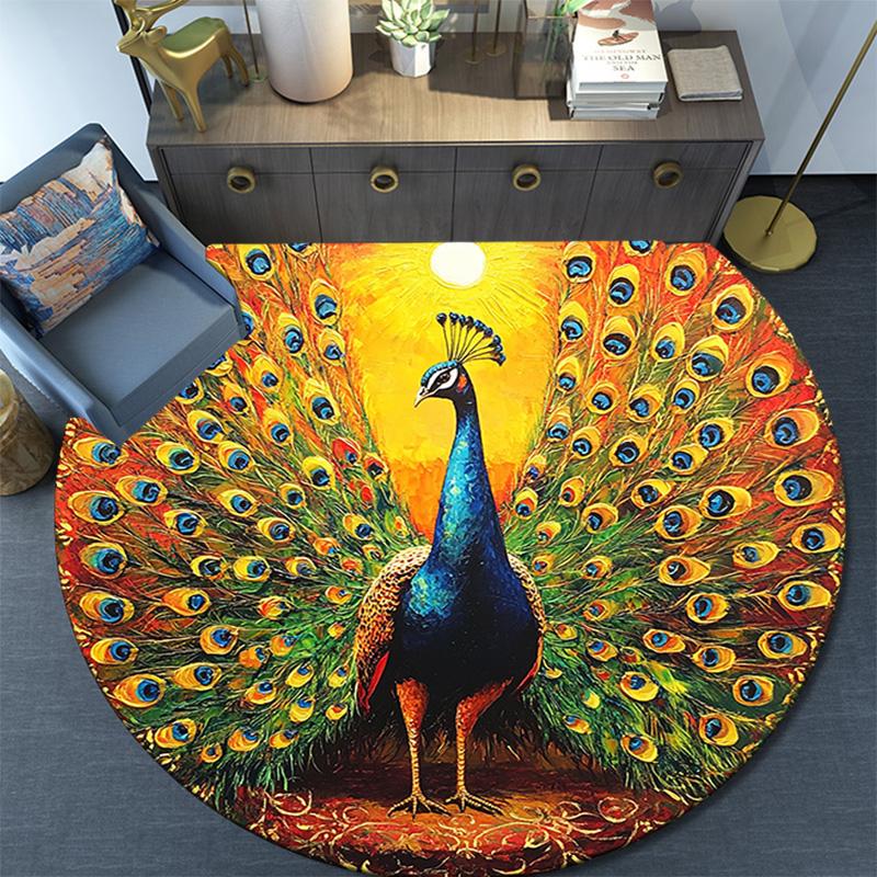 Peacock Round Area Rug,Carpet Rug for Living Room Bedroom Sofa Playroom Decor,Non-slip Floor Mat