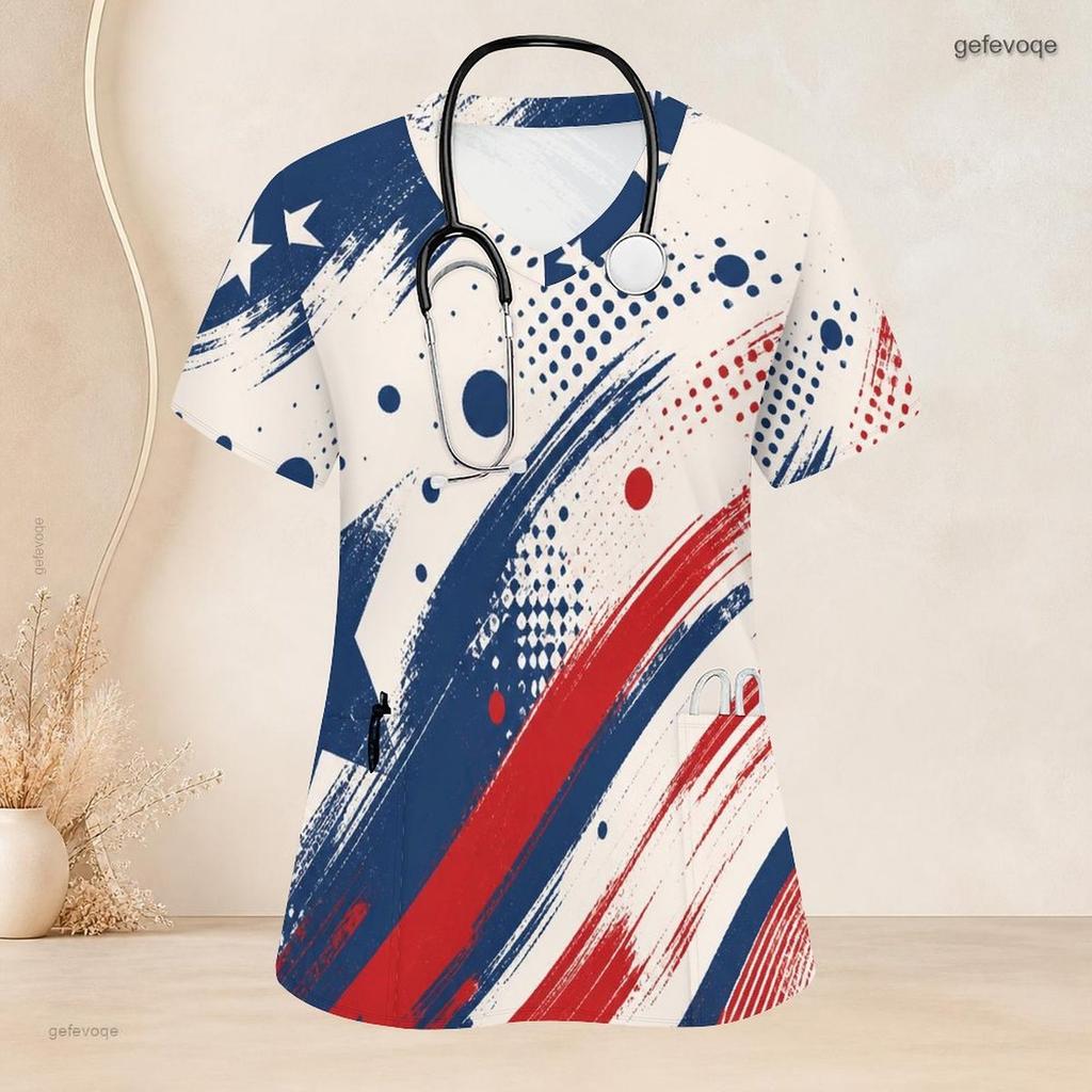 Women Plus Size Red Blue White Printed Nurse Scrub Top V Neck Short Sleeve With Front Pockets