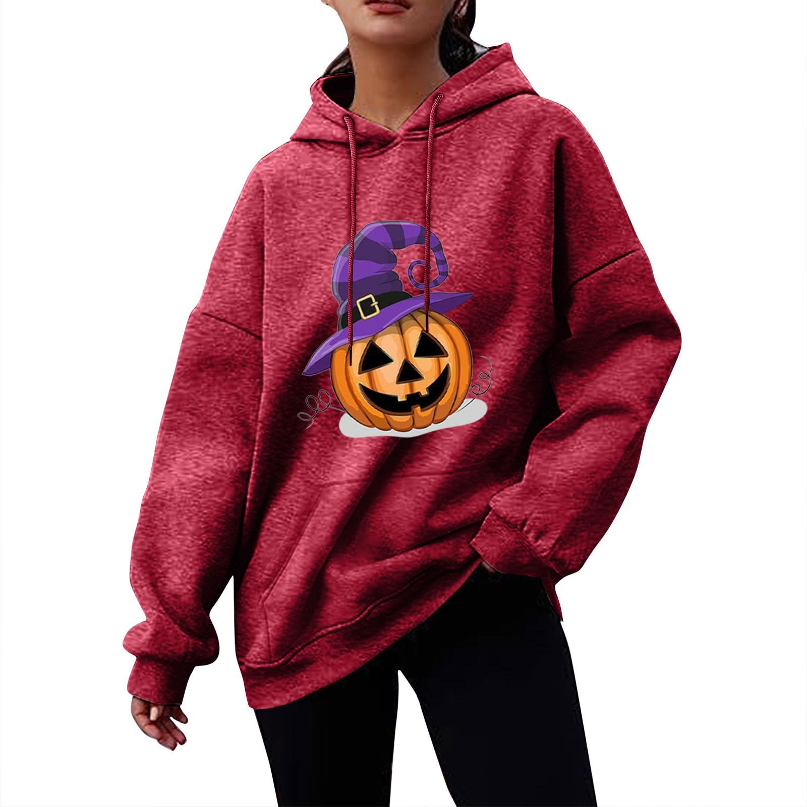 

Женский осенне-зимний пуловер с принтом на Хэллоуин, толстовка с капюшоном, флисовая модная толстовка с длинными рукавами S винный