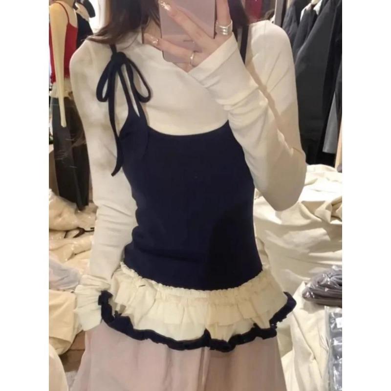 

2KWEIRD Корейские женские футболки Поддельные двойки Шикарные футболки С длинным рукавом Круглый вырез Воланы Милые Футболки Бандаж Повседневные Y2k футболки S абрикосовый