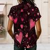 Plus Size Women Collared Short Sleeve Blouse Dark Background Pink Glitter Heart Print Button Front Casual Summer Top