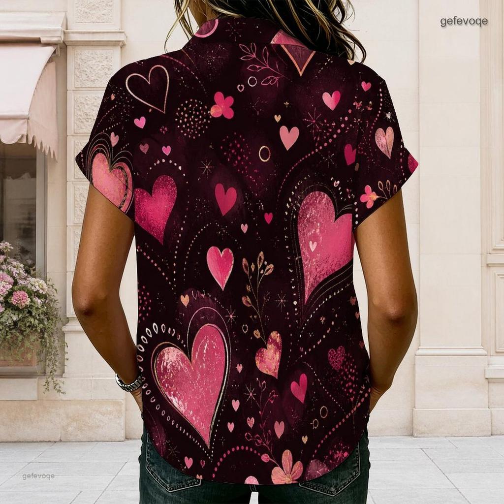 Plus Size Women Collared Short Sleeve Blouse Dark Background Pink Glitter Heart Print Button Front Casual Summer Top