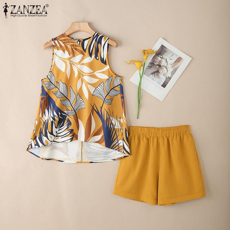 ZANZEA Women Print Tank Tops and Shorts Summer Two Piece Suit Sets
