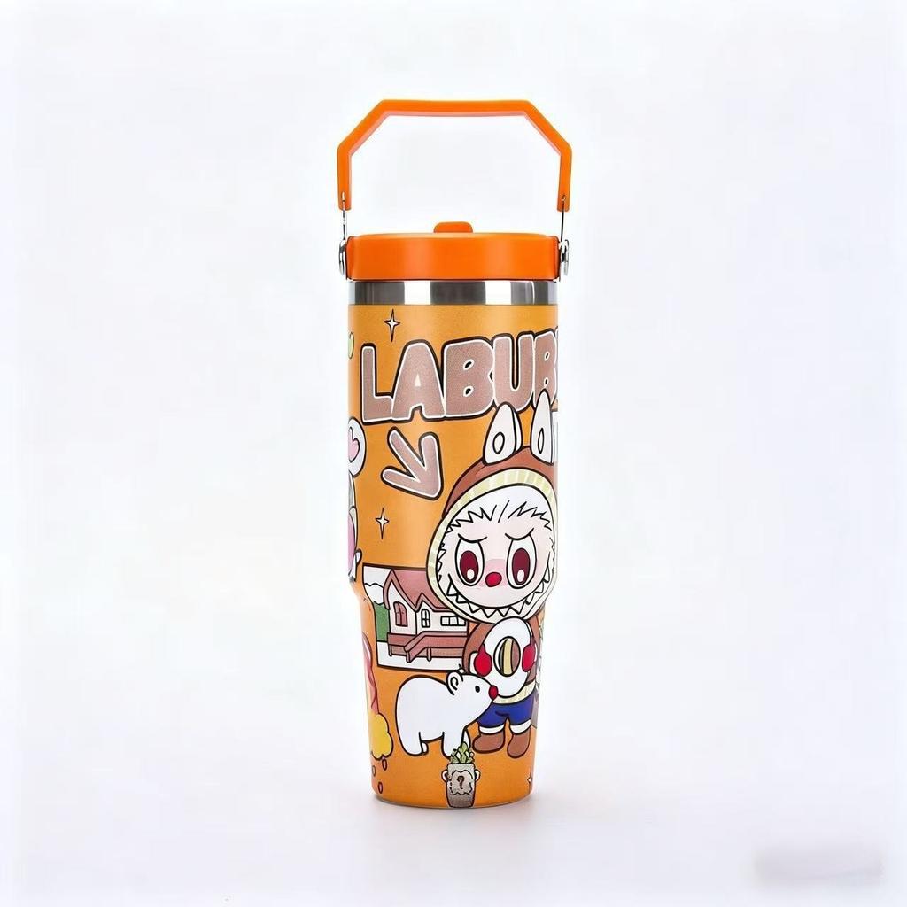 Κινούμενο σχέδιο 30oz Κύπελλο Αυτοκινήτου Εξωτερικού Χώρου 304 Ανοξείδωτος Θερμός Κύπελλο Μονό Ποτό Χειρολαβή Καλαμάκι Κύπελλο Bingba