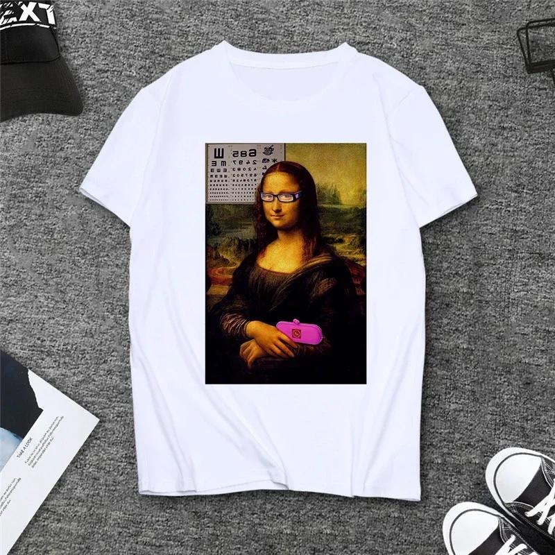 Verão Paródia Mona Lisa Bebendo Cerveja Estampa Camisetas Mulheres Estética Engraçado Casual Mangas Curtas Tops Feminino Mangas Harajuku