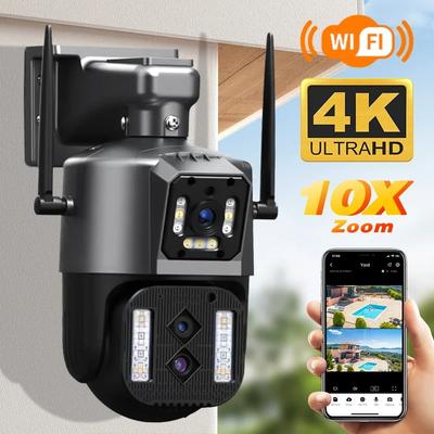 Uus EL 12MP 6K WiFi IP-kaamera välistingimustes PTZ kolme objektiiviga kahe ekraaniga 10x suum automaatne inimese jälgimine veekindel 4K CCTV turvakaitse