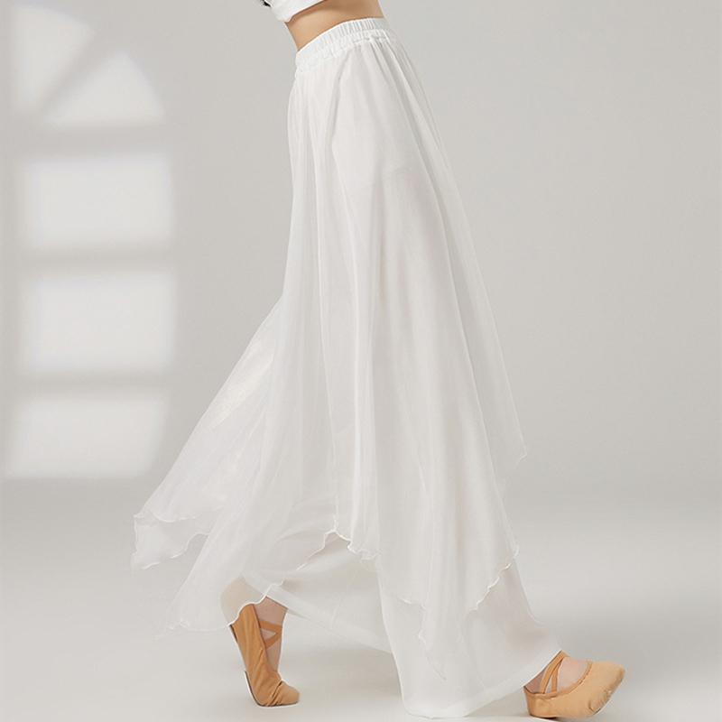 Classical Dance Dress Pants Women Double Layers Loose Trouser Practice Costume Spliced Shiny Chiffon Skirt Performance Dancewear