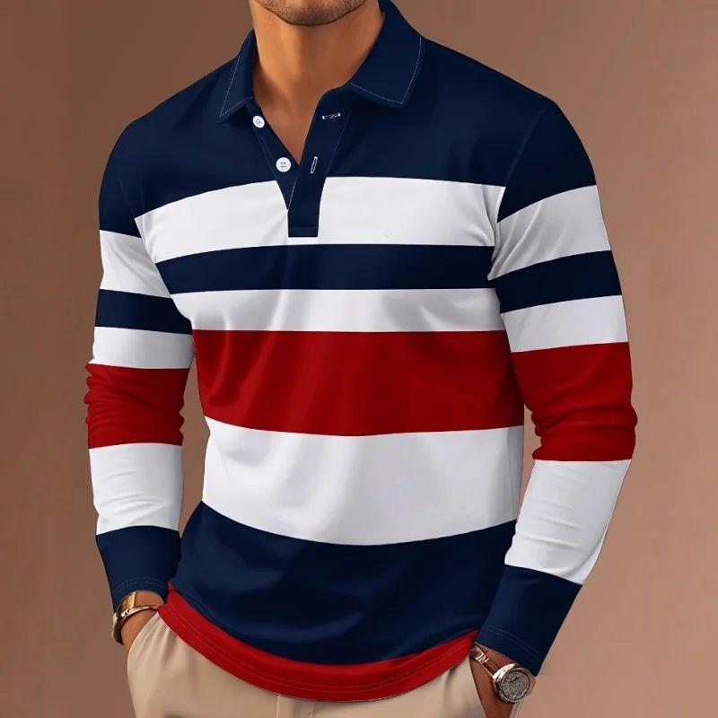 

Осень Зима Мужская Одежда Длинный Рукав Полосатая Рубашка Поло Мужская Повседневная Мода Рубашка Поло для Гольфа Приталенный Крой Топы 100% Полиэстер 3XL