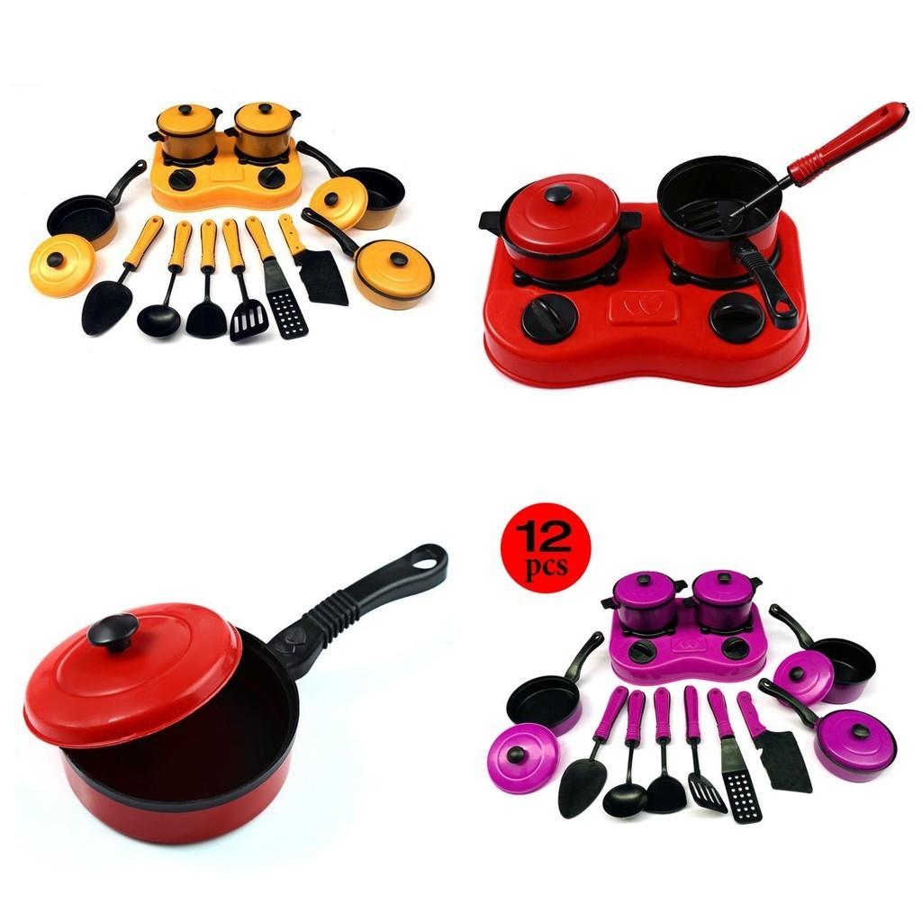 Colorful 12pcs Kitchen Cooking Play Set With Realistic Cookware For Kids Pretend Play