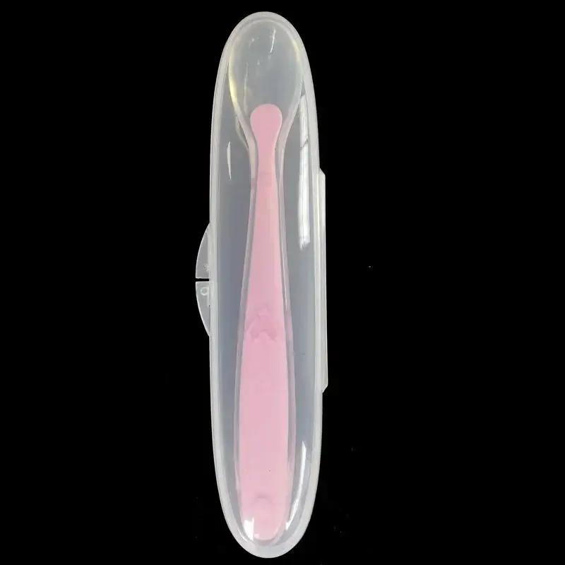 Baby Feeding Spoons Training Children Infant Temperature Sensoning Food Grade Flatware Tableware Cutlery Silicone Spoon With Box розовый
