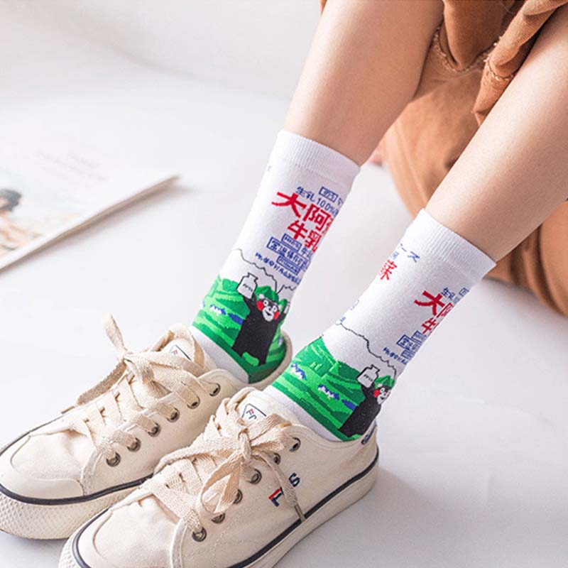 Creative High Quality Fashion Harajuku Kawaii Happy Socks Women milk Food painting Strawberry Animal Print Funny Socks Cute Sock