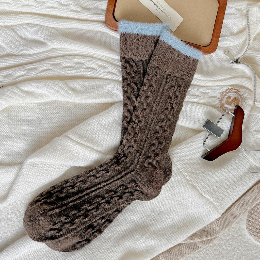 Wool Socks Children'S Warm Thickened Socks Fleece Medium Tube Socks Contrast Twist Striped Stacking Socks
