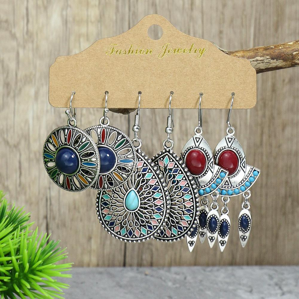 Bohemian Ethnic Style Earrings Set for Women Creative Retro Drop Oil Rhinestoen Water Drop Tassel Earring Female Jewelry