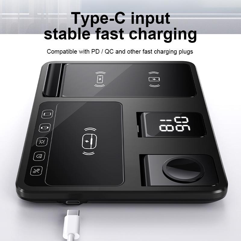 Wireless 4-in-1 Fast Charging Station: Auto Lifting, Folding Design for Phones, Watches, Earbuds, Desk Clock, and Lamp