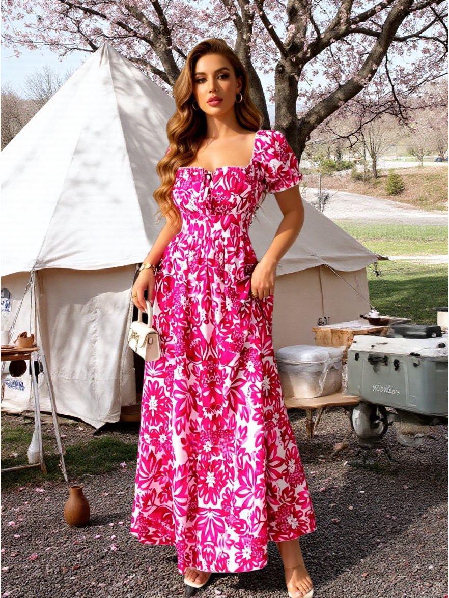 Women s Elegant Fashion Print Long Skirt Dress - New Arrival S красный