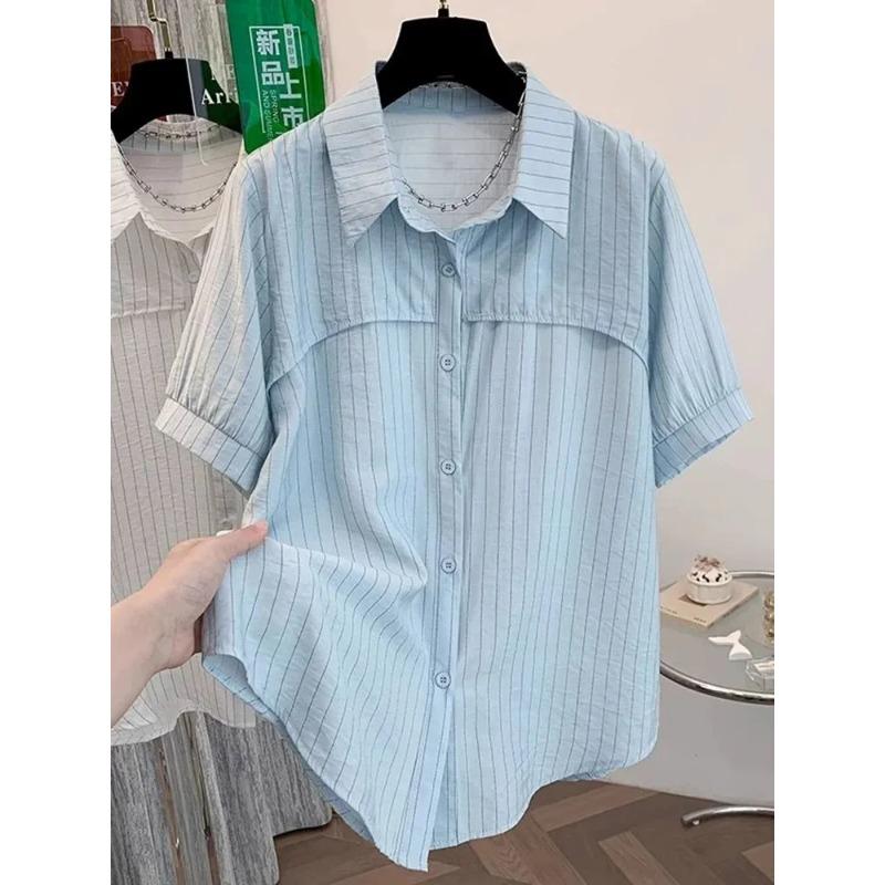 Women Striped Short Sleeve Shirt Blouse L синий