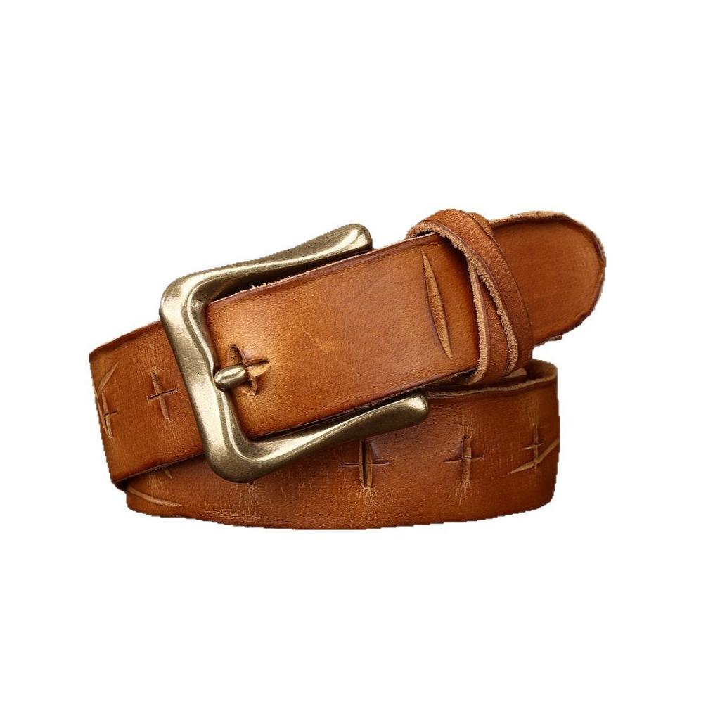 3.4Cm Genuine Leather Belt, Men And Women, The First Layer Of Cowhide Pure Copper Buckle, Retro Washing, Personalized Fashion And Simplicity,