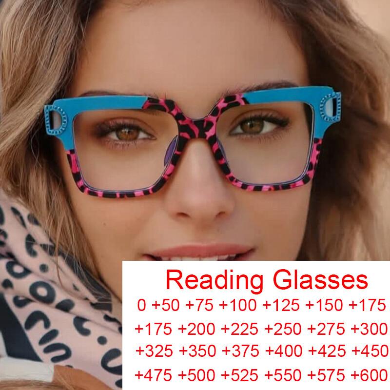 Oversized Square Reading Eyeglasses Anti- Blue Lightweight Blue Leopard Big Frames Computer Goggle Luxury Design Prescription Glasses
