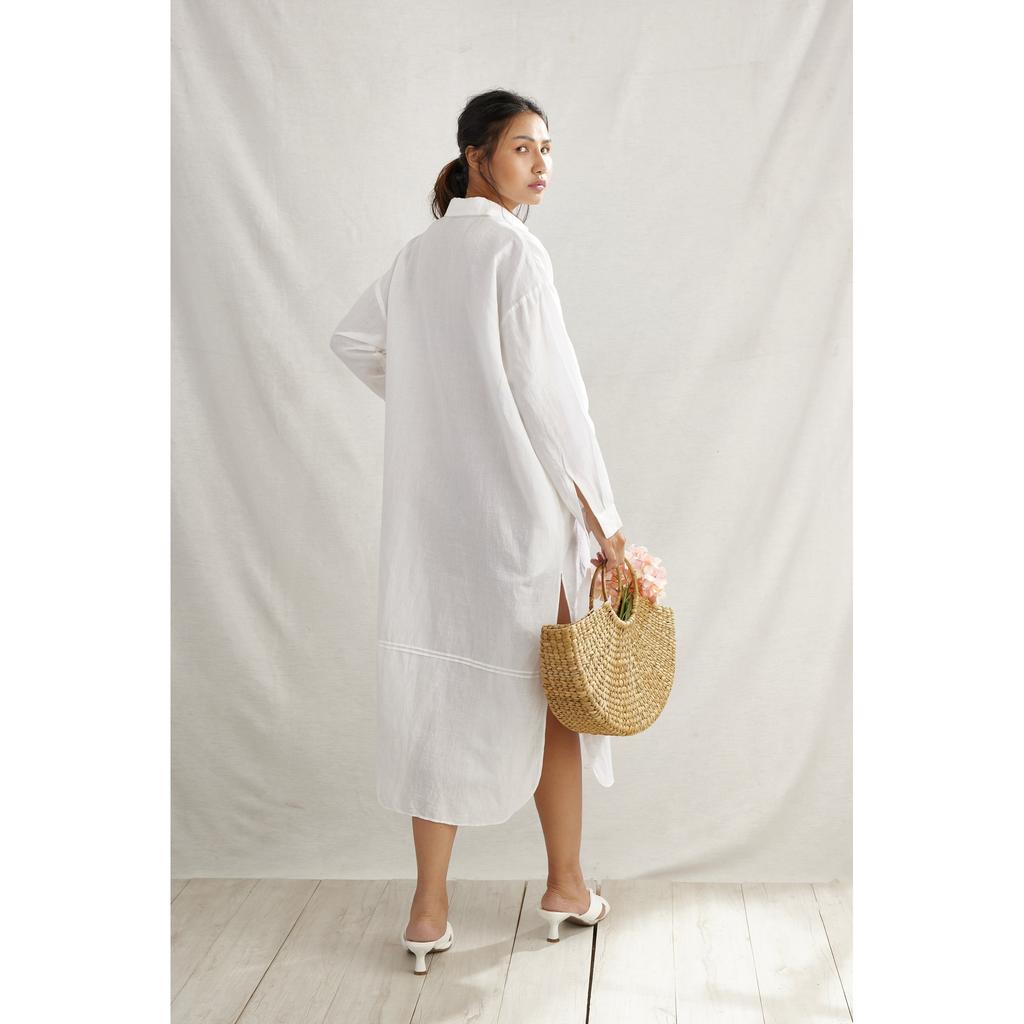 Vestido Camisa de Lino Plisado para Mujer Casual Largo Cuello Solapa
