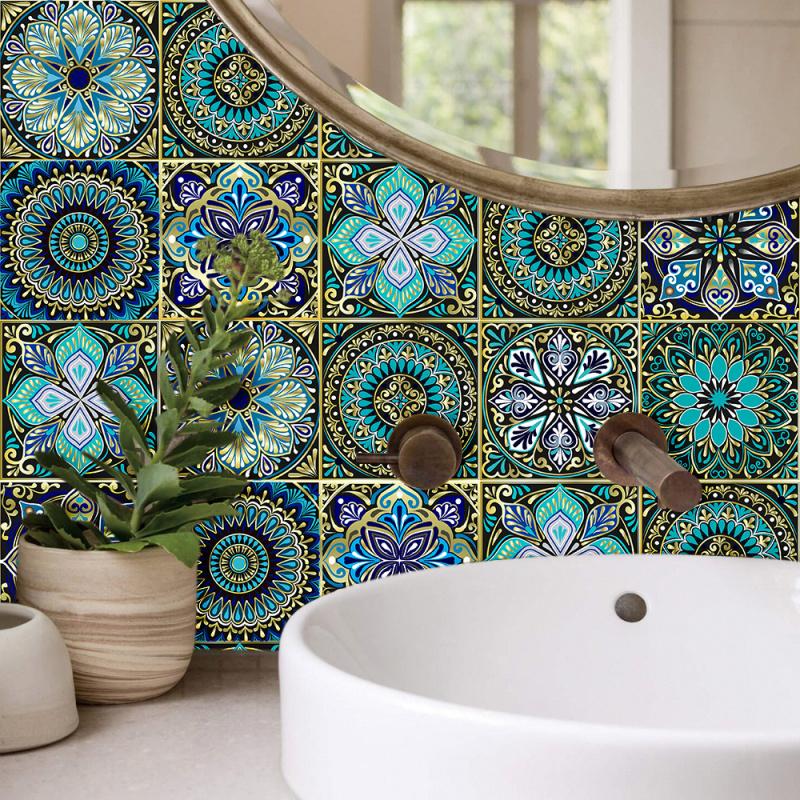10pcs Mandala Pattern Tile Sticker,Colorful Matte Wall Sticker Home Decoration for Kitchen Living Room Bathroom Table Cabinet