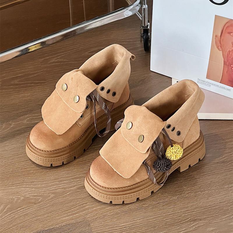 Fashion Autumn Faux Suede Ankle Boots Women Retro Thick Bottom Platform Boots for Women Fashion Lace Up Leather Biker Boots Botas Mujer