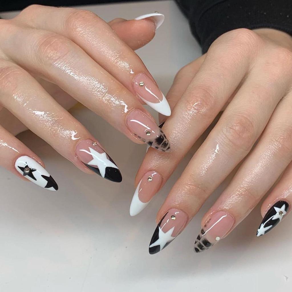 Black & White Almond Star Press-On Nails with Rhinestone Accents