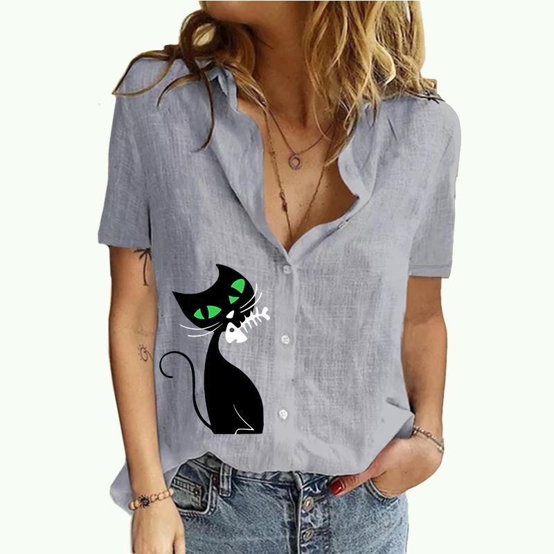 Damskie modne bluzki z klapami letni i jesienny nadruk kota koszulka z krótkim rękawem damski bawełniany lniany kardigan T-shirt