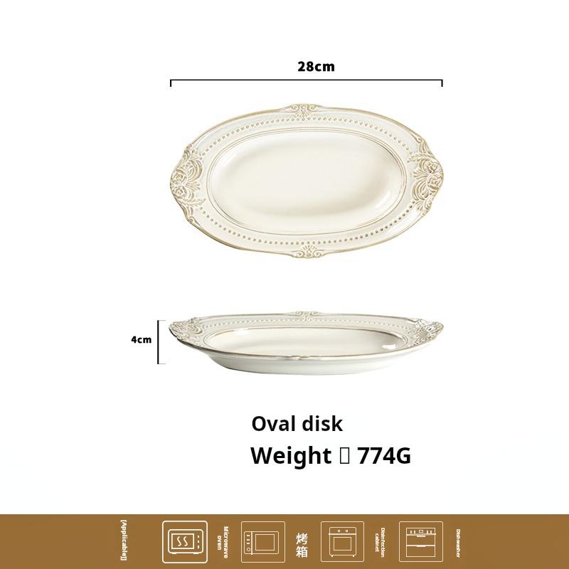 Household ceramic relief deep plate, soup plate, European-style steamed dishes, round large plate rice bowl soup bowl flat plate