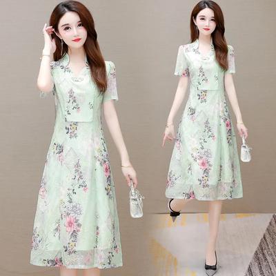 Dames Zomer Bloemenprint Aangepaste Cheongsam Midi Jurk Chinese Stijl