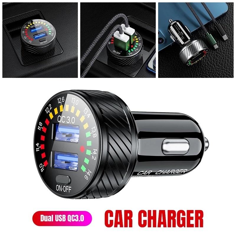 12/24V Dual USB Car Charger QC 3.0 Waterproof 18W Fast Charging Marquee Light LED Voltmeter ON OFF Switch Car-charger Adapter