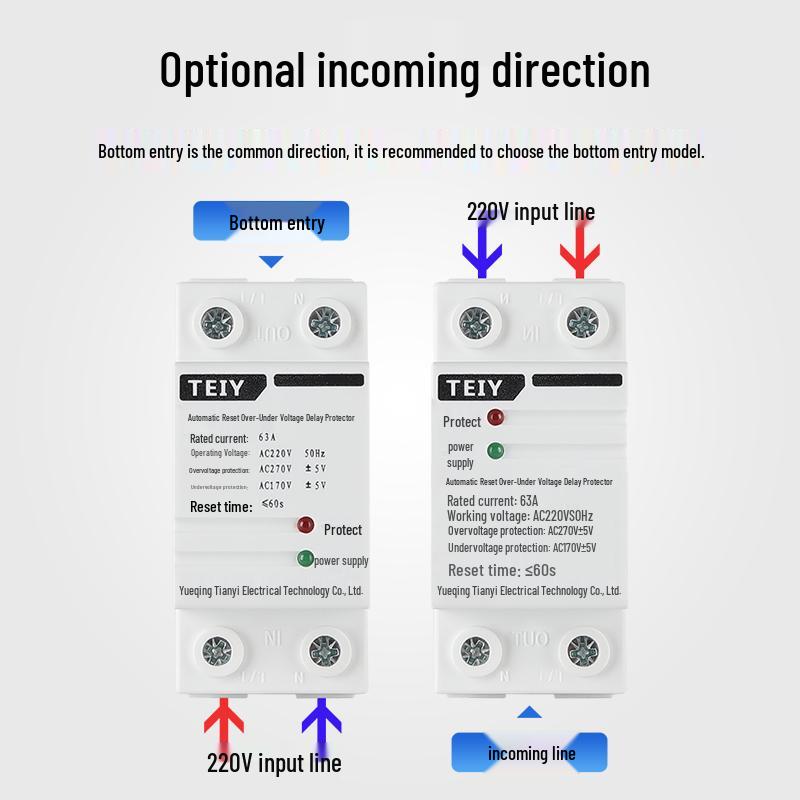 220V Automatic Reset Voltage Protector with Over/Undervoltage and Lightning Protection, 40-63A, Bottom Inlet