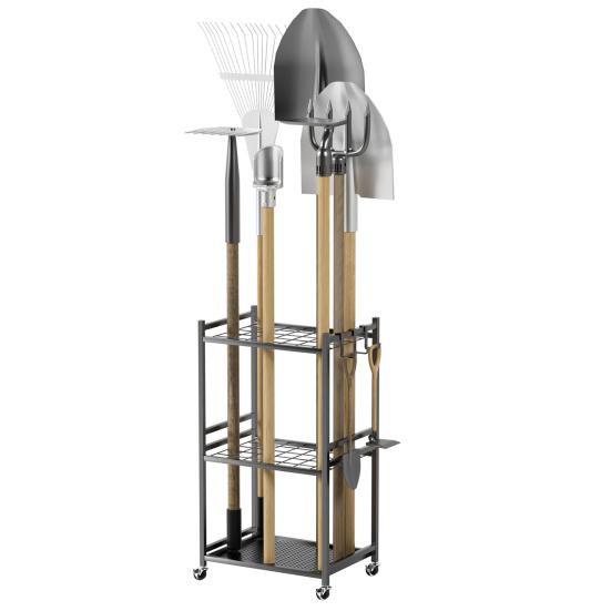 Garden Tool Organizer, 35-Slot Steel Rolling Rack with Wheels, Adjustable Feet Yard Tool Rack for Shovels, Rakes, Brooms and Cleaning Equipment,