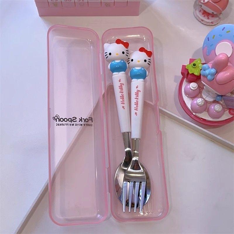 New Kuromi Kitty Cinnamoroll Spoon Fork 2 Pcs Kit Food-grade Steel Cartoon Cute Kid Tableware Kitchen Supplies Gift