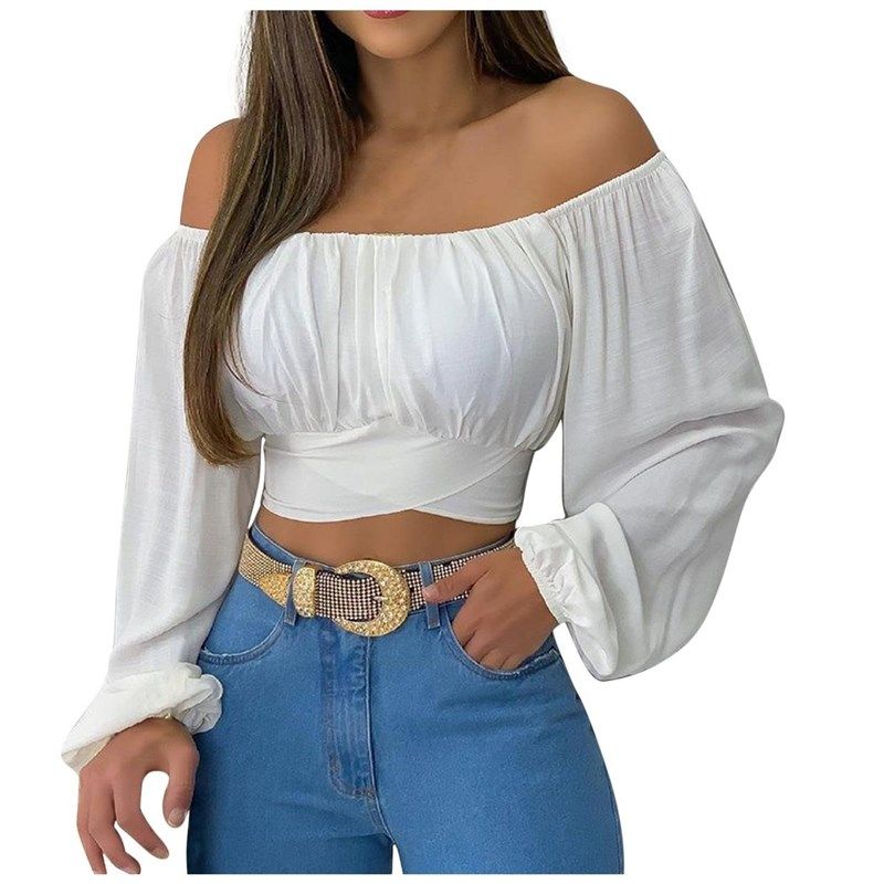 

Summer WOMEN S Off-the-shoulder Cross-tie Long-sleeve White S
