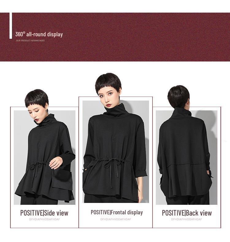 Trendiges Damen Oberteil im europäischen und amerikanischen Stil, dunkel, langärmlig, mit Kordelzug in der Taille - Frühling/Herbst