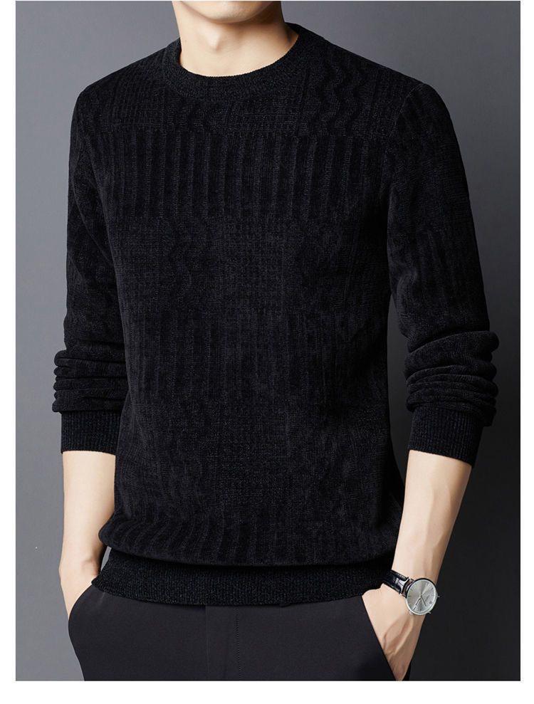 Mid-aged Men's Fleece-lined Warm Chenille Round Neck Base Layer Knitwear for Autumn/Winter
