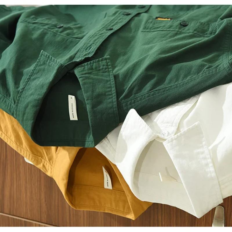 Camisas Cargo Estilo Japonês para Homens Camisa de Verão de Manga Curta 100% Algodão Puro Casual Solta Tops Masculinos Nova Moda Camisa de Bolso Duplo Juventude