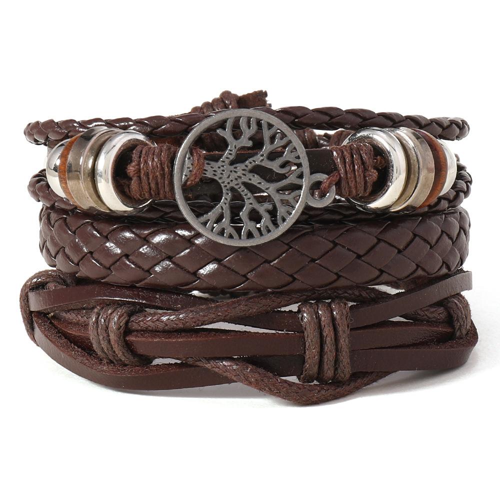 Personalized Vintage Woven Leather Iron Resin Bangle Bracelet Set for Men Tree of Life Charm Adjustable Layered Design золотой