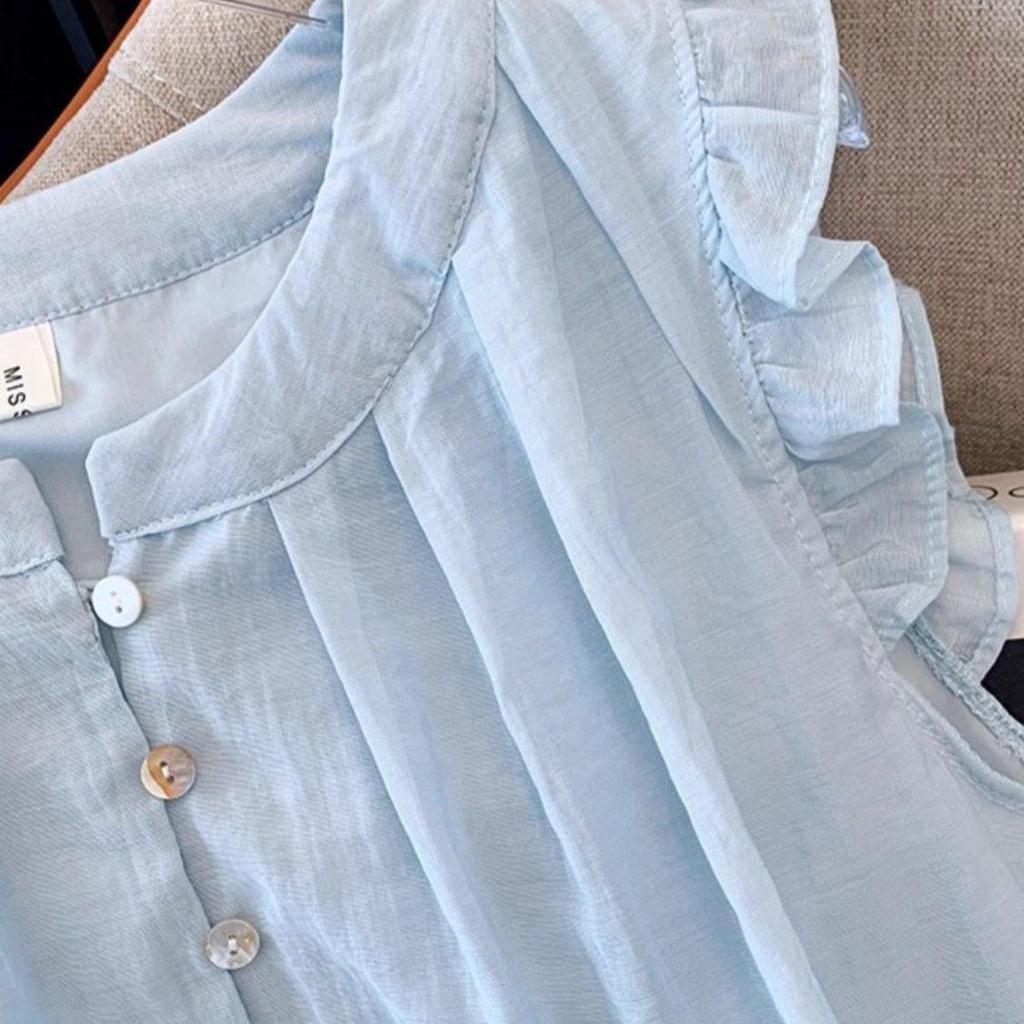 Plus Size Flutter Sleeve French Ruffle Doll Shirt - Women's Summer Loose & Slimming Top