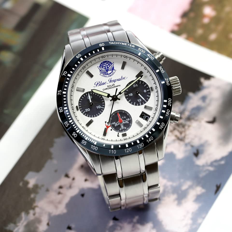 Blue Impulse Solar Chronograph Made In Official Emblem Product Men's Watch, Japan, (White)
