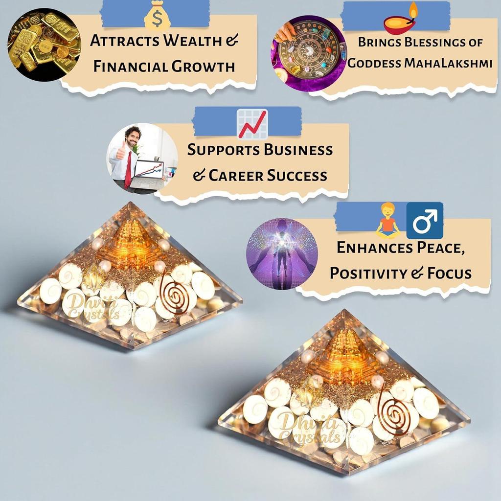 4 Inch Maha Laxmi Orgonite Pyramid with Shree Yantra, Rudraksha, Gomti Chakra & Pyrite | Vastu Dosh Nivaran